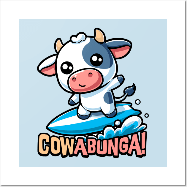 Cowabunga! Cute Surfing Cow Pun Wall Art by Cute And Punny